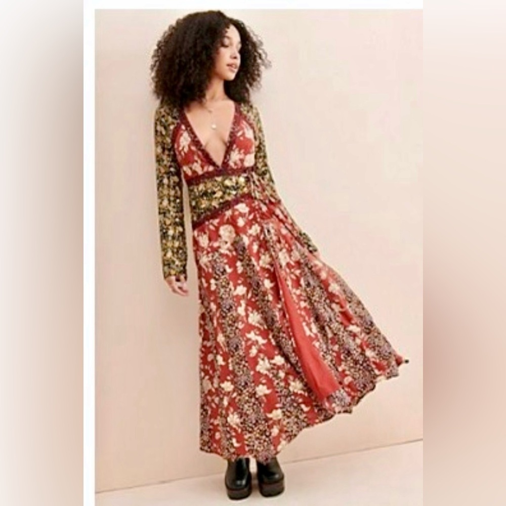 Free People Red Orange A-line Raglan Long Sleeve Dress